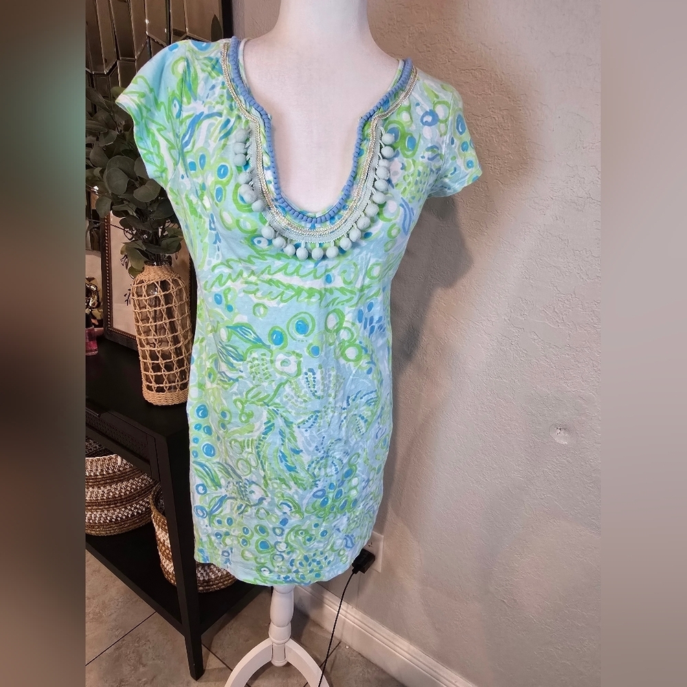 Lilly Pulitzer Women's Harper Pom Pom Any Fins Possible Mini Sundress M - Picture 2 of 7